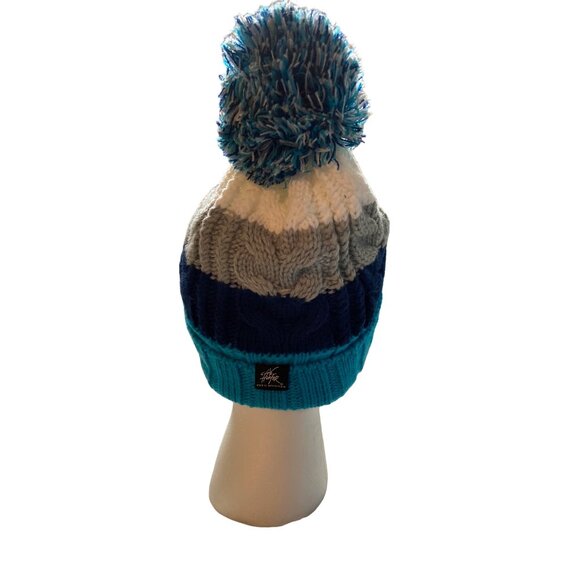 City Hunter Knit Pom Pom Beanie Hat Blue Grey White Winter Ski Snowboard Y2K - Picture 3 of 8
